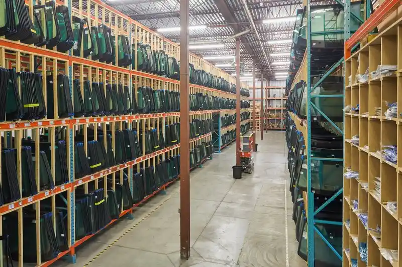 Automotive glass racks inside the Nielsen & Moller Canada warehouse