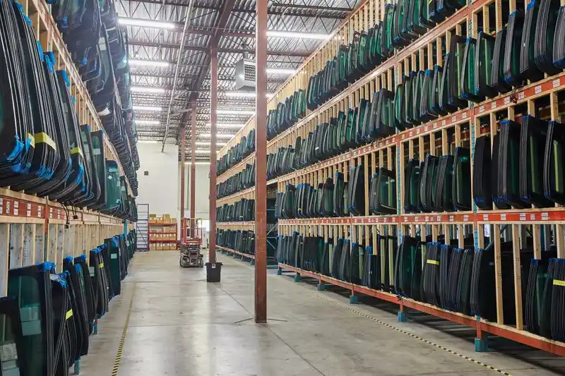 Rows of automotive glass stored in the Nielsen & Moller Canada warehouse
