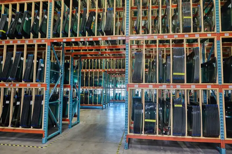 Rows of automotive glass on warehouse shelving