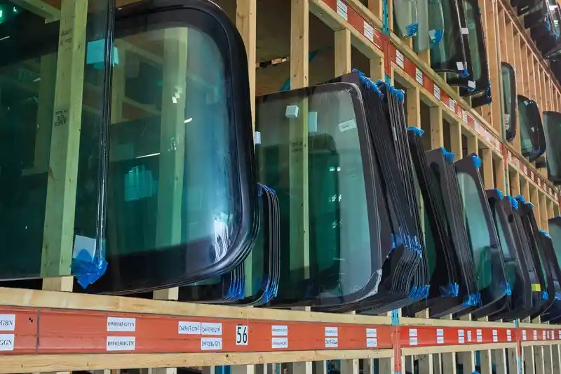 Close view of replacement windshields on storage racks